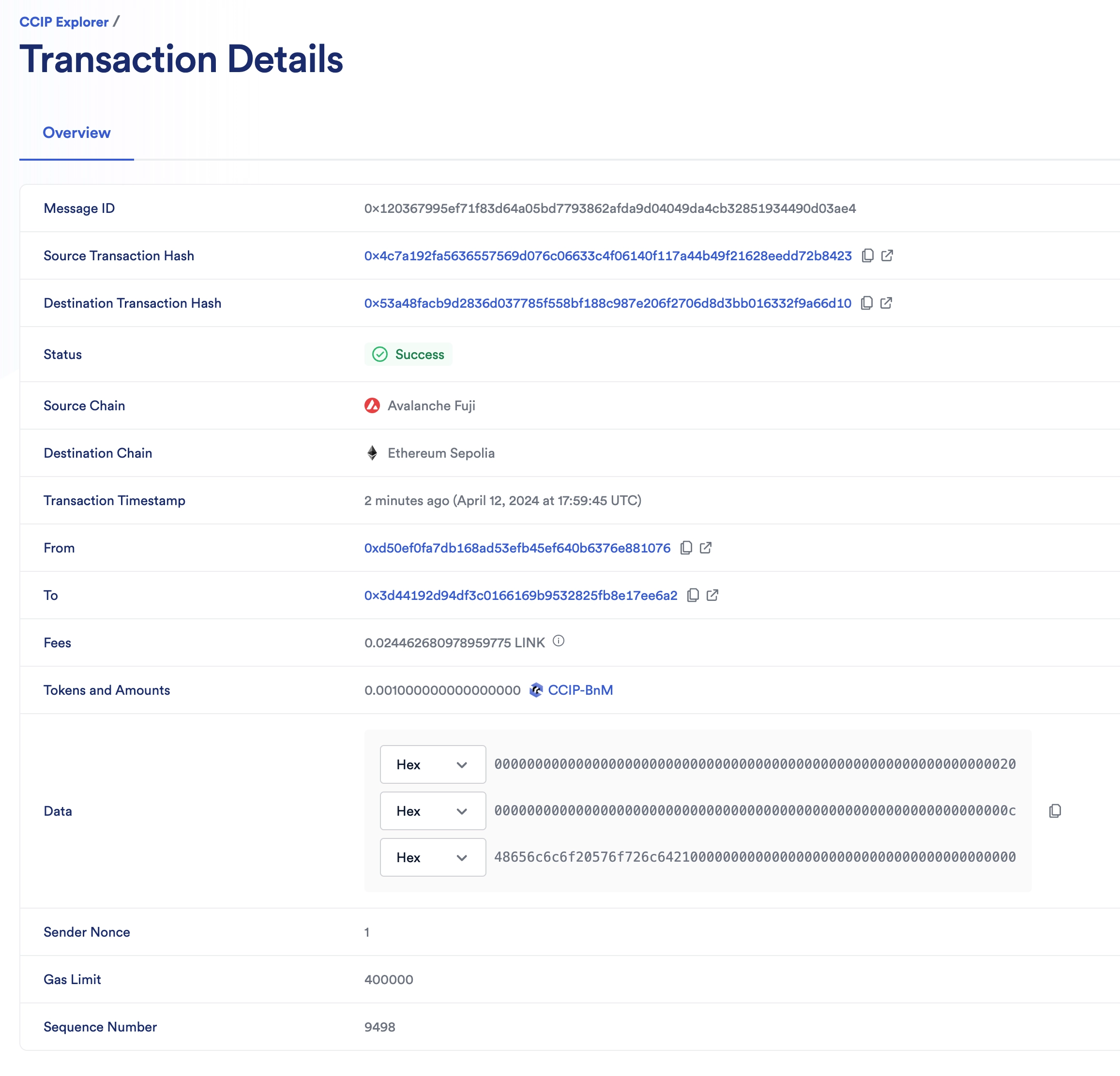 Chainlink CCIP Explorer transaction details success